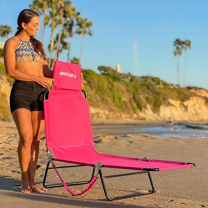 EASYGO PRODUCTS Lawn Chair Chaise Lounge 2 Legs Support Polyester Material Reclining Backrest Head Rest Pillow Great for Beach, Home, Backyard, Outdoor, Patio, Pool, Camping, Lawn or Deck Color Pink