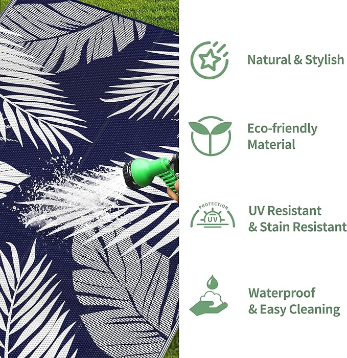GENIMO Outdoor Rug 9' x 18' Waterproof for Patios Clearance, Reversible Outdoor Plastic Straw Camping Rug Carpet, Large Area Rugs Mats for RV, Camper, Deck, Balcony, Porch, Beach, Navy Blue&White
