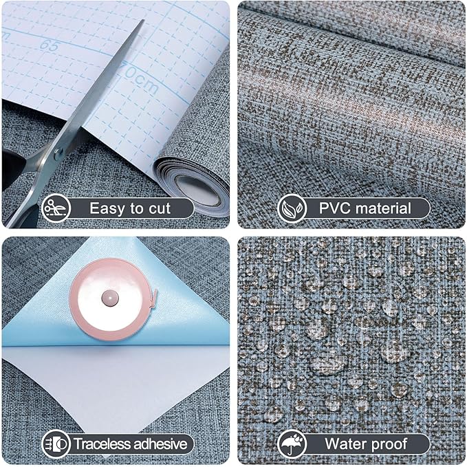 Amiya Grasscloth Wallpaper 17.3"x80" Blue Peel and Stick Faux Fabric Linen