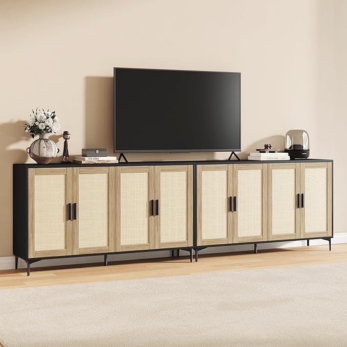 JASIWAY Buffet Cabinet with Storage, 48" Rattan Sideboard with Adjustable Shelves, Modern Coffee Bar Cabinet Console Table with Doors, Credenza for Kitchen, Living Room, Entryway, Dining Room, Black