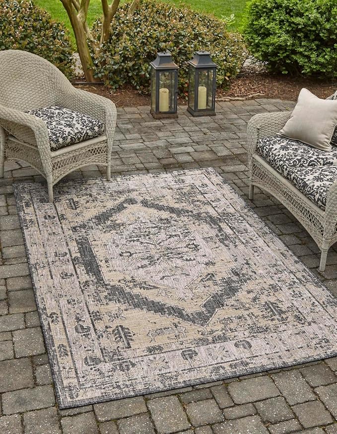Unique Loom Outdoor Traditional Collection Area Rug - Valeria (4' 1" x 6' 1" Rectangle, Charcoal/ Natural)