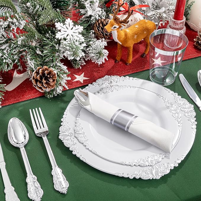 Liacere 350PCS Silver Plastic Plates&Pre Rolled Napkins for 50 Guests - Plastic Dinnerware Sets 100Silver Disposable Plates, 150Silver Silverware, 50Cups and 50Napkins for Wedding