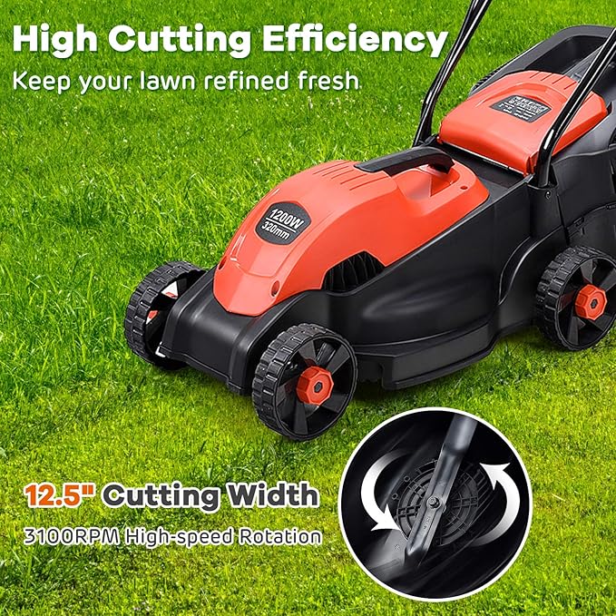 Happygrill Lawn Mower 13-Inch Electric Lawn Mower, Handle Push Corded Lawn Mowers with Grass Bag, Folding Handle, Adjustable Cutting Height for Garden Yard, 12 Amp,Red