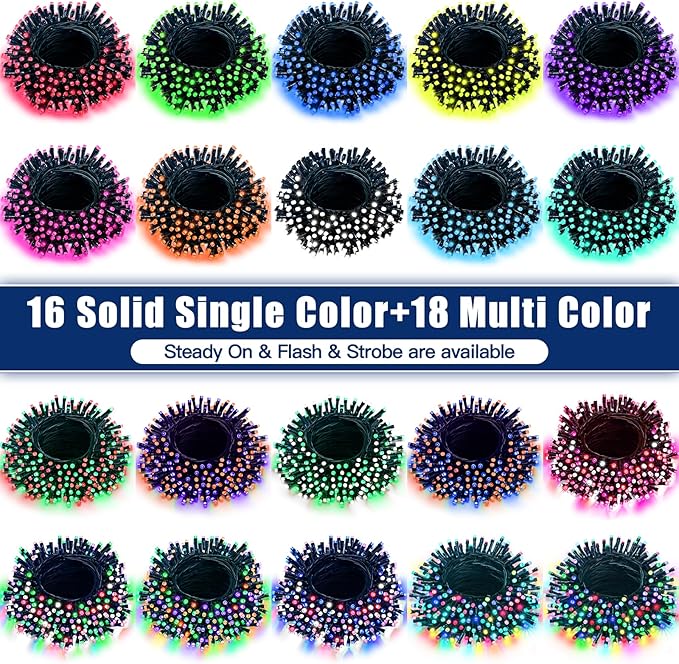 LitHome 100 LED Solar Christmas String Lights Outdoor, 33FT 34Colors Changing Solar/USB Red White Blue Lights Waterproof with Remote, 102 Modes 4th of July Light for Tree Garden Party Holiday Decor