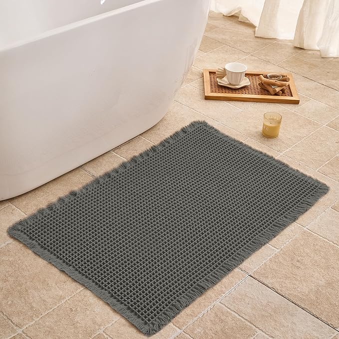 Waffle Bath Mat Non Slip, Boho Bathroom Rug, Super Absorbent Quick Dry Bathroom Mat, Soft Farmhouse Bath Rug with Tassels, Small Washable Shower Mats for Floor 20"x32", Dark Grey