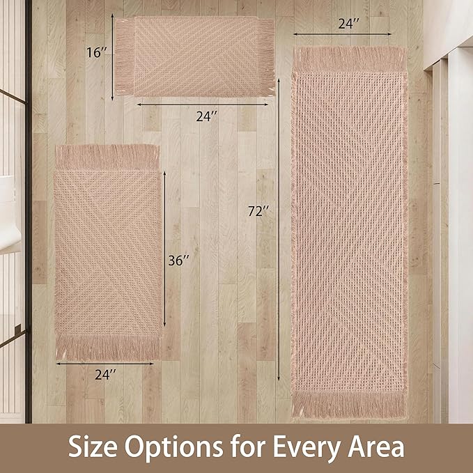Waffle Runner Rug Non Slip, Boho Bath Mat, Super Absorbent Quick Dry Long Bath Runner Bathroom, Soft Farmhouse Bath Rug with Tassels, Washable Shower Mats for Floor 24"x72", Tassels Brown