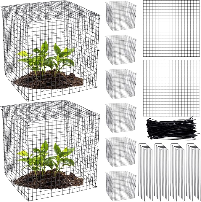 Zubebe 8 Pack Small Wire Plant Protectors Square Plant Protectors from Animals Mesh Cage Chicken Wire Cloche for Shrubs and Vegetables with Ground Stakes and Nylon Ties (12 x 12 Inch)