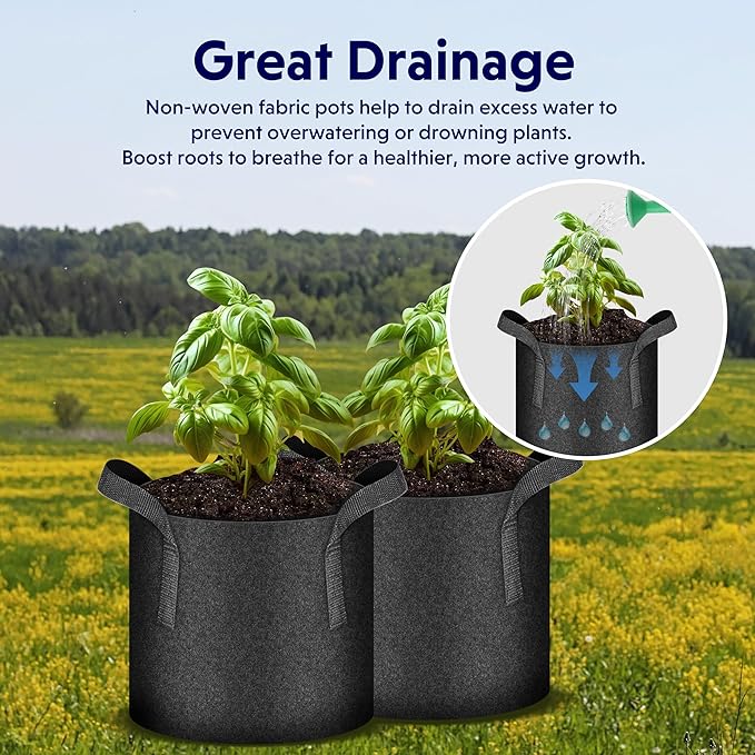 iPower 5-Pack 5 Gallon Plant Grow Bags Thickened Nonwoven Aeration Fabric Pots Heavy Duty Durable Container, Strap Handles for Garden, Black