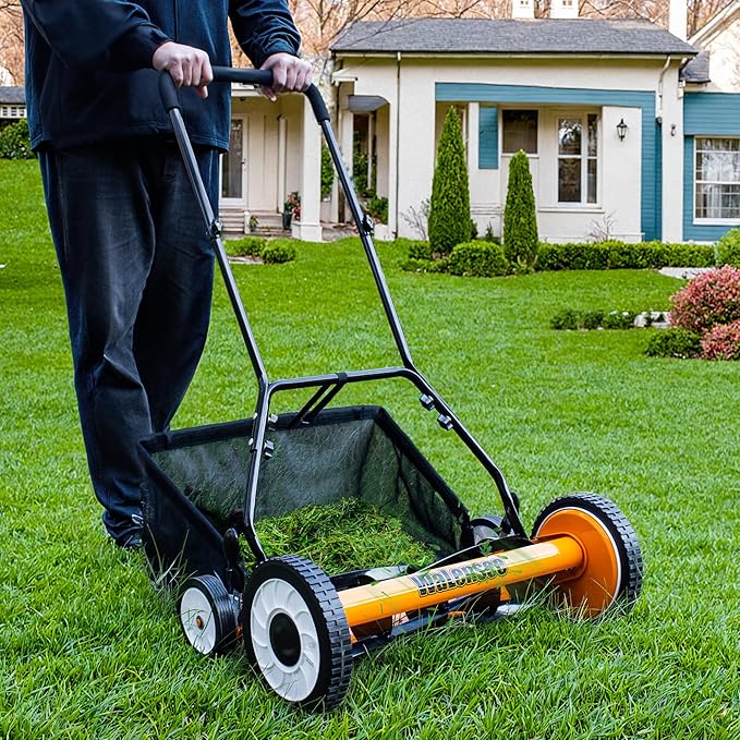 Walensee 20-Inch 5-Blade Push Reel Lawn Mower, Cordless Manual Reel Lawn Mower Walk-Behind Steel Lawn Mowers with Removable 11.8-Gallon Grass Catcher, Sponge Grip, 9-Position Cutting Height Adjustment