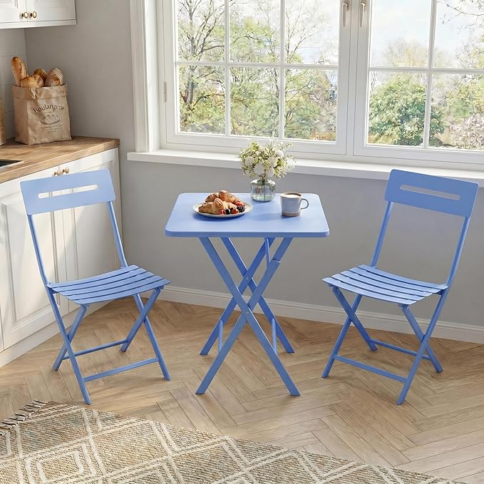 GarveeTech 3-Piece Folding Bistro Set, Heavy Duty Outdoor Patio Furniture with 2 Chairs & 1 Table, Weather-Resistant Steel Frame, No Assembly Required for Garden, Yard, Balcony,Blue