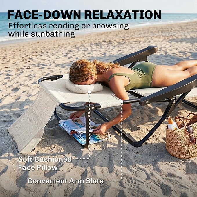 Outsunny Tanning Chaise Lounge Chair, 4-Position Beach Chair with Face & Arm Holes, Pillow headrest, Adjustable Sunbathing Chair, Cream White