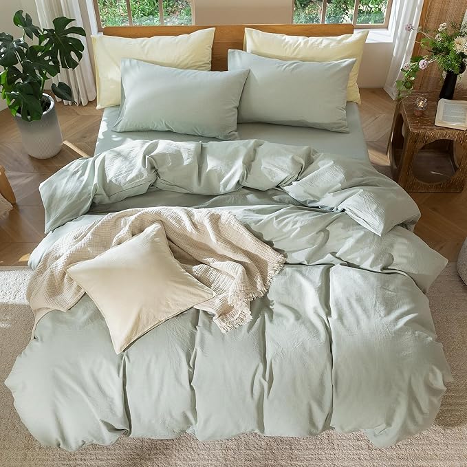 MooMee Bedding Duvet Cover Set 100% Washed Cotton Linen Like Textured Breathable Durable Soft Comfy (Heathered Sage Green, Oversized King Plus 128"x120")