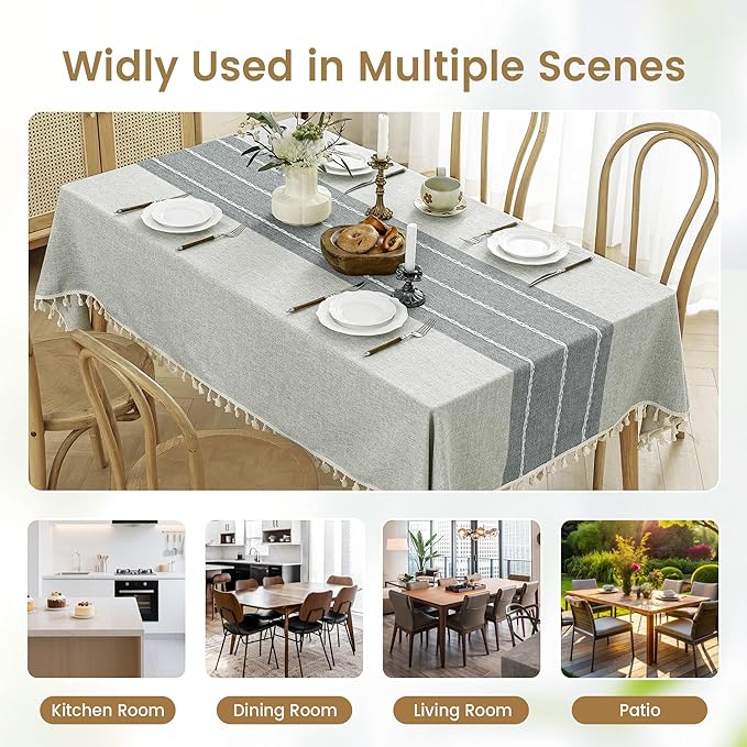 puredown® Rustic Rectangle Tablecloth, Waterproof Cotton Linen Tablecloth with Tassel, Wrinkle Free Farmhouse Table Cloths for Kitchen Dining Outdoor, 55"x120",10-12 Seats, Gray