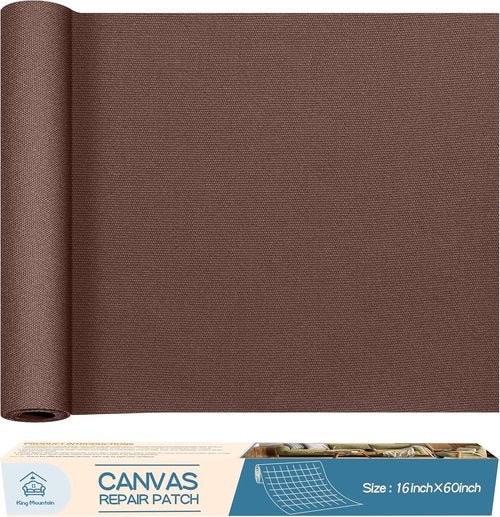 KING MOUNTAIN Canvas Repair Patch - 16x60 Inch Self-Adhesive Waterproof Fabric for Sofas, Tents & More (Brown)