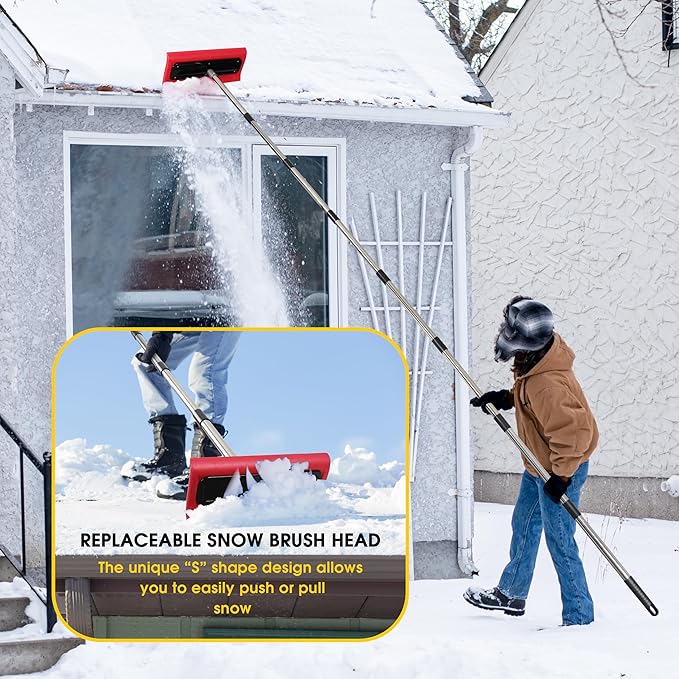2-in-1 Leaf Roof Brush and Snow Rake, Roof Cleaning Brush & Leaf Removal Tool, Adjustable 5-20ft Cleaning Brush Tool for Cleaning Shingles, Solar Panels, Car Tops with No-Scratch Head