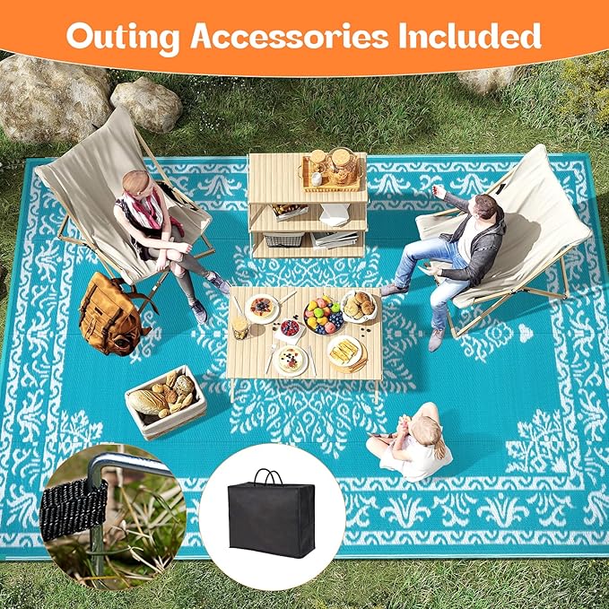 Yamaziot Outdoor Rug 6x9 Ft, Waterproof Plastic Straw Patio Rug, Reversible Backyard Carpet UV Resistant Portable RV Mat Clearance, Large Indoor Outdoor Rug for Patio, Porch, Deck, Balcony, Teal