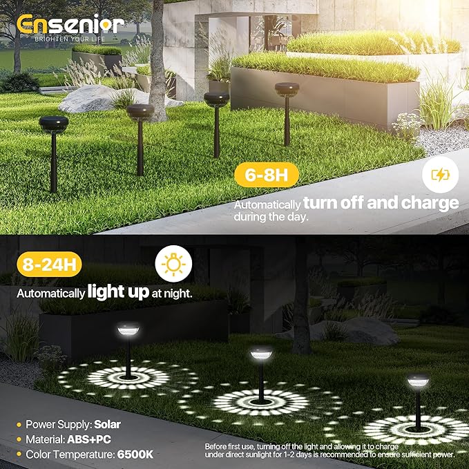 Ensenior 6-Pack Solar Lights Outdoor, Auto ON/Off 6500K LED Solar Garden Lights for Pathway, Yard, Patio, Walkway, Flower Bed, Waterproof, Energy-Efficient Landscape Lighting, Adjustable Height