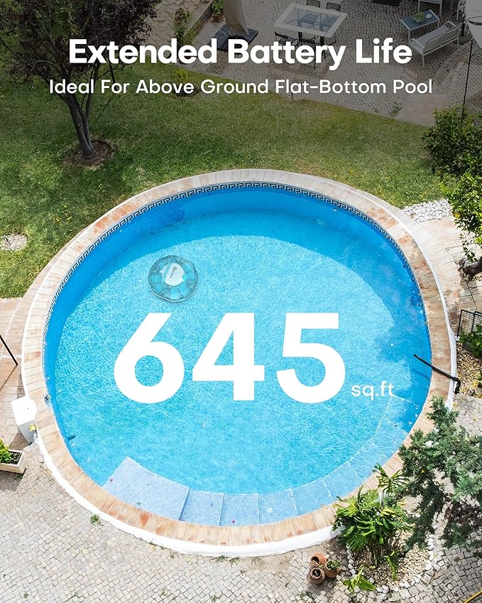 (2026 Upgrade) Cordless Robotic Pool Cleaner, Lasts 80 Min, Automatic Vacuum for Above-Ground Pools up to 645 Sq.ft,Portable, Self-Parking (Transparent Blue)