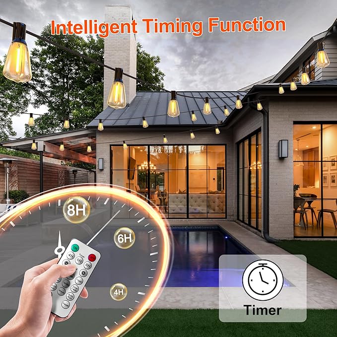 BLIATLUS 100FT Solar String Lights Outdoor Waterproof with Remote Control Solar Patio Lights 30+2 shatterproof LED ST38 Bulbs for Porch Garden Market Bistro Patio Backyard Fence