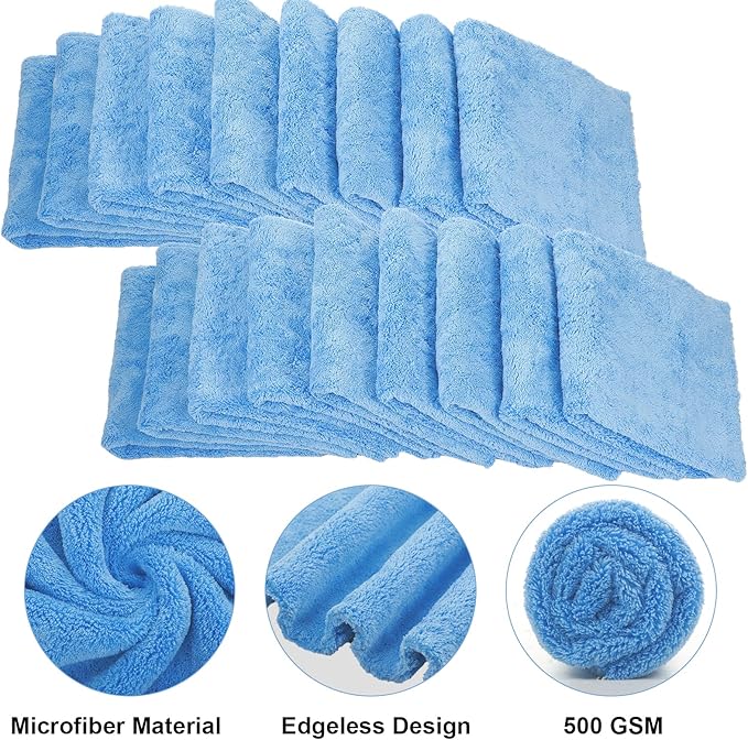 Shimeyao 30 Pcs 16 x 16 Inch Edgeless Microfiber Plush Towels for Cars Detailing Drying Wash Polishing Absorbent Cleaning Cloths, 500 GSM (Light Blue)