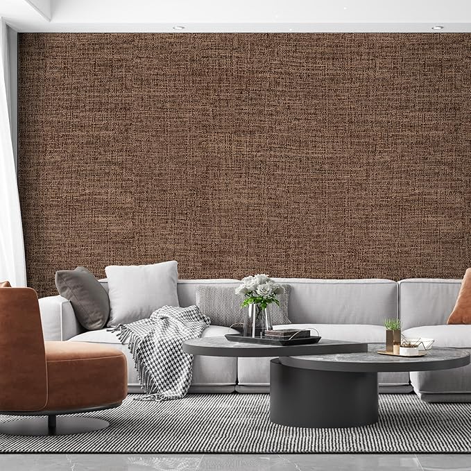 Brown Grasscloth Peel and Stick Wallpaper 17.3"x480" Faux Linen Textured