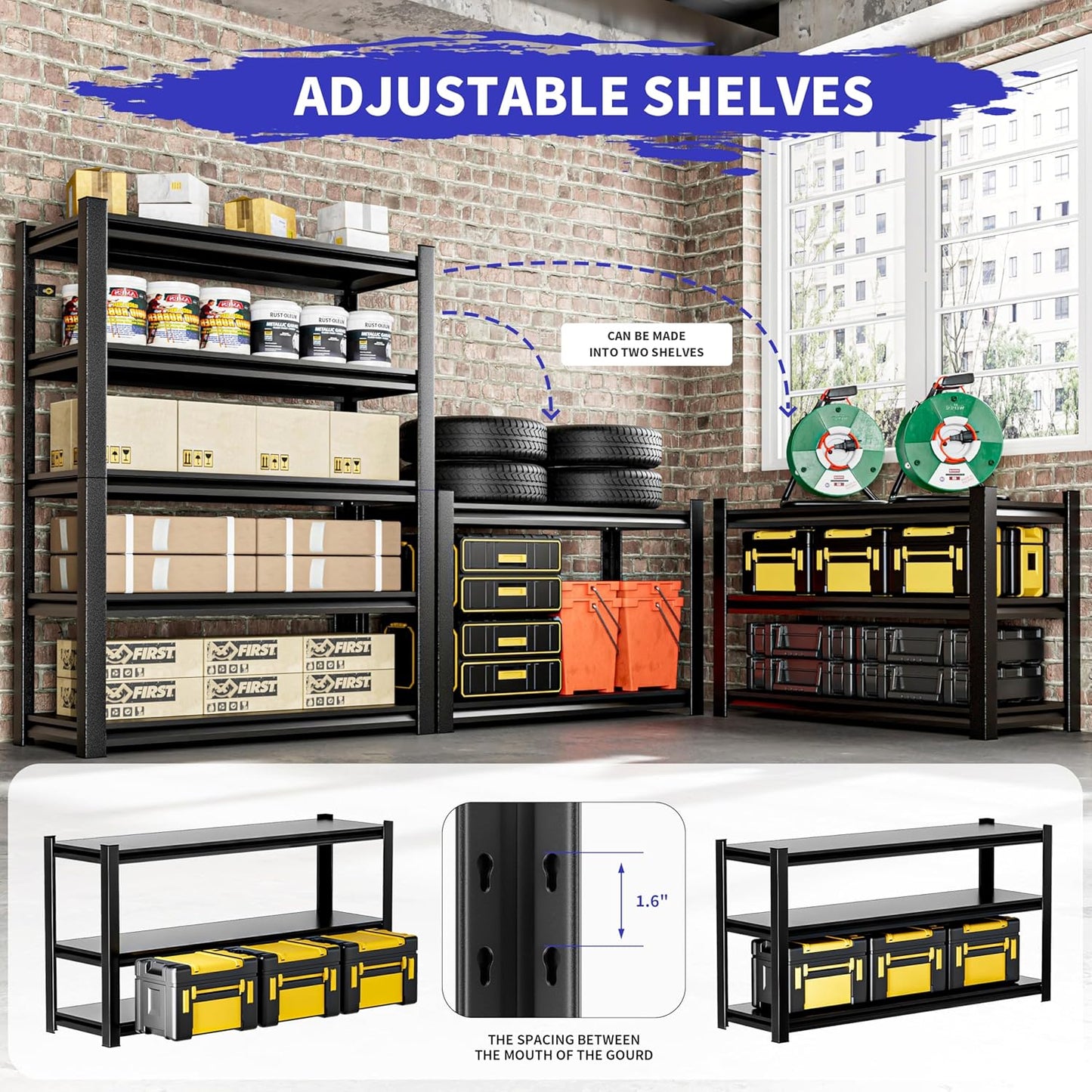 Garage Shelves - 4 Adjustable 5-Tier Metal Shelving Units, Heavy Duty for Rack & Industrial Use