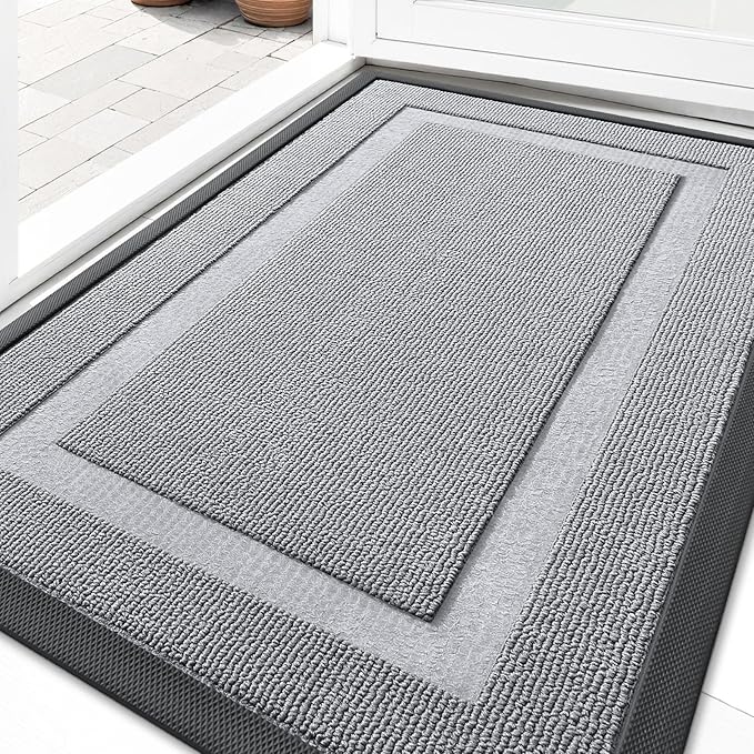 OLANLY Front Door Mat Indoor Outdoor Entrance, Waterproof All-Season, All-Weather Doormat, Sturdy Natural Rubber, Low Profile, Easy Clean Patio Porch Entryway Mat, 59x23, Silver Gray