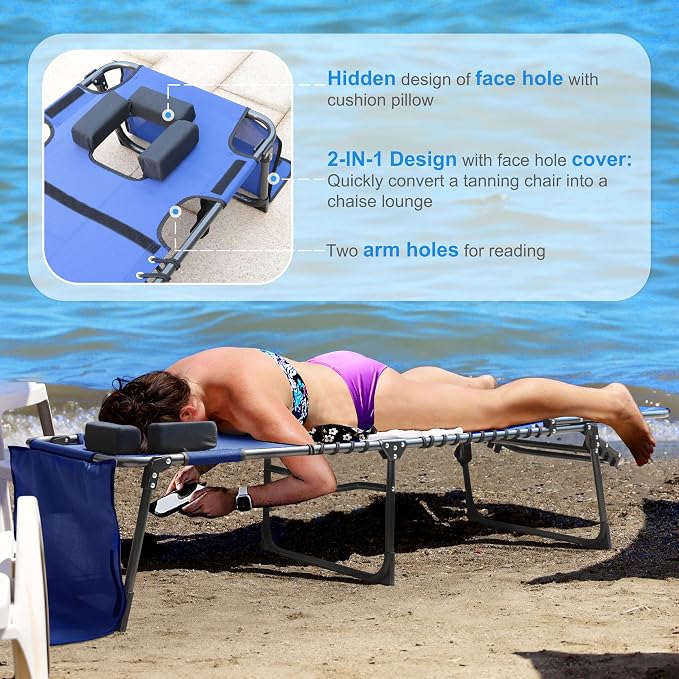 Outdoor Chaise Lounge Chair with Face Hole and Arm Hole, Tanning Chair with 5 Position Adjustable Back, Foldable Lounge Chair with Detachable Pocket and Pillow for Beach, Pool, Blue