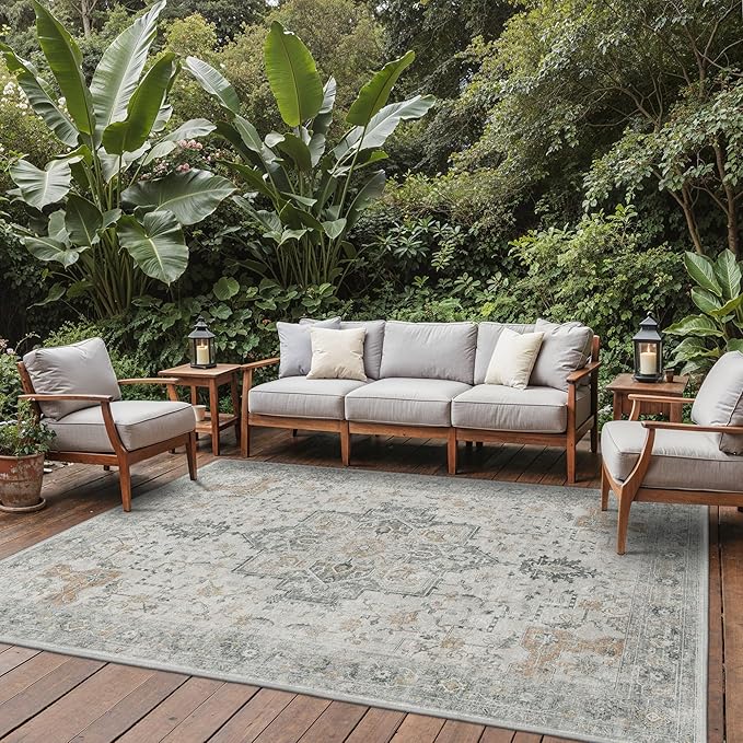 GENIMO Outdoor & Indoor Area Rug 8'x10', Waterproof, Non-Shedding, Easy Cleaning, Boho Mat for Patio, Living Room, Balcony, Dining Room, RV, Deck, Bedroom, Camping, Outside Carpet,Light Grey Brown