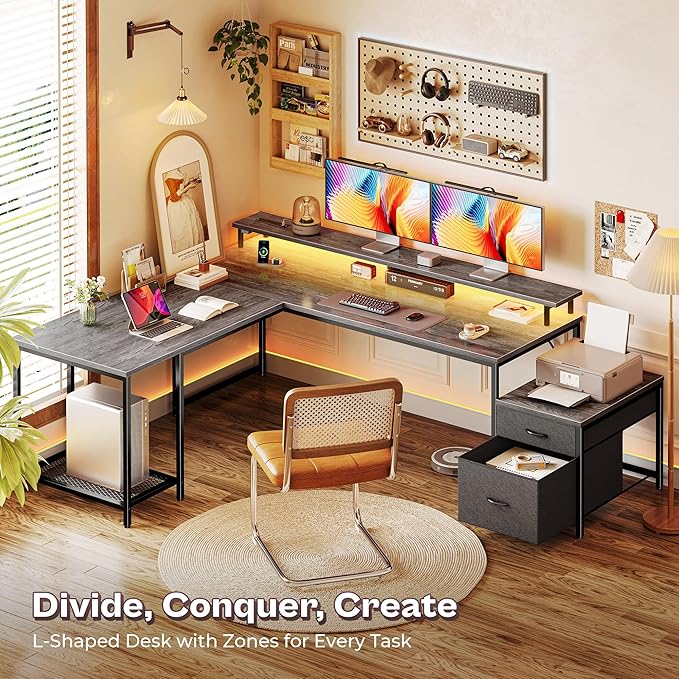 PRAISUN 66" L Shaped Gaming Desk with LED Lights & Power Outlets, Computer Desk with Fabric Drawers and Print Stand, Corner Office Desk, Monitor Stand, Mesh CPU Stand, Grey