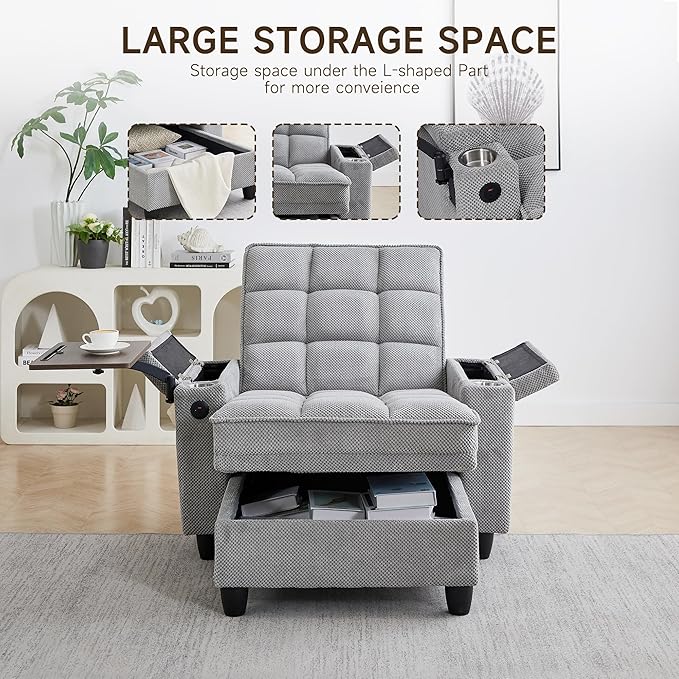 41.7" Oversized Chaise Lounge Chair Indoor, Boucle Upholstered Sofa Bed with Adjustable Backrest, Deep Seat Reading Chair, Sofas Couches for Living Room, Storage, Cup Holders & 360° Swivel Side Table