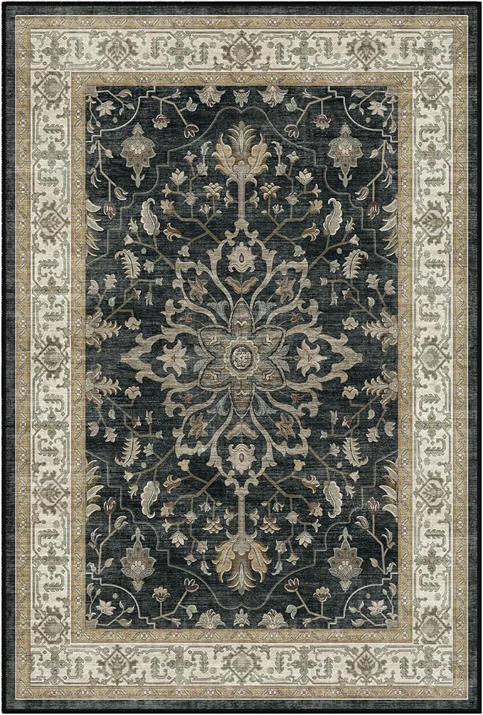 Area Rugs Round 8ft Washable Non-Slip, Floral Vintage Distress Print Pattern Medallion Carpet for Living Room Bedroom Dining Room, Vintage Black Brown Neutral