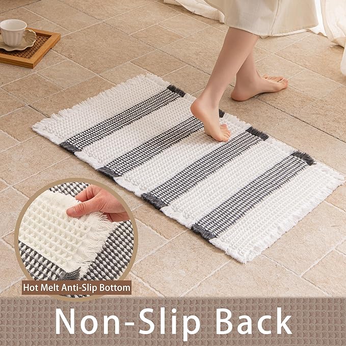 Waffle Bath Mat Non Slip, Boho Bathroom Rug, Super Absorbent Quick Dry Bathroom Mat, Soft Farmhouse Bath Rug with Tassels, Small Washable Shower Mats for Floor 16"x24", White and Grey