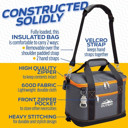 Collapsible Insulated Cooler Bag – 6L Thermal Lunch Bag with Bottle Opener, 16 Can Capacity – Perfect For Camping, Picnics and Travel - Handles and Removable Shoulder Strap - By Outrav