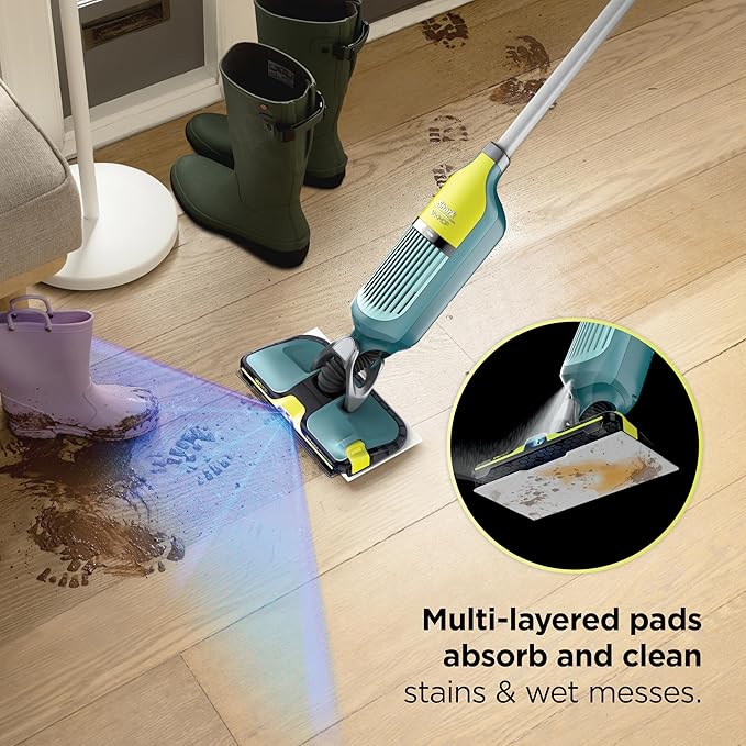 Shark VACMOP Reveal New Cordless Hard Floor Cleaner, Vacuum & Spray Mop, Powerful Suction, Lightweight, Illumination Light, Includes 4 Disposable Pads, 12oz Pet Multi-Surface Cleaning Solution, VM401