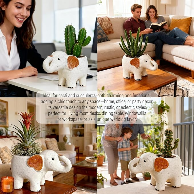 Large 9.1‘‘ Handmade Ceramic Elephant Planter Flower Pot with Drainage Hole for Succulents, Cactus, Air Plants | Indoor Outdoor Garden Patio Desk Home Decor | Gift for Plant Lovers