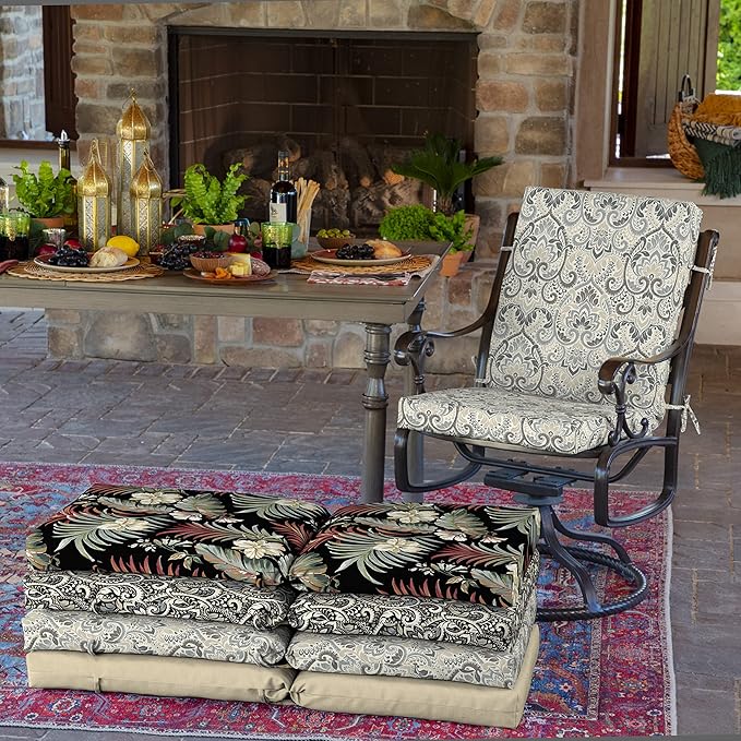 Arden 2-Pack Outdoor Patio Dining Chair Cushion, 20x44, Rain-Proof Seat Pad, Fade-Resistant Outdoor Cushion Neutral Aurora Damask