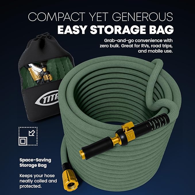 TITAN Flexible Garden Hose 30FT – Ultra Lightweight, Heavy Duty Water Hose with Brass Fittings & Jet Nozzle – Kink-Free, Non-Expanding, Durable Fabric Hose for Yard, Lawn, Car Wash, Outdoor Use