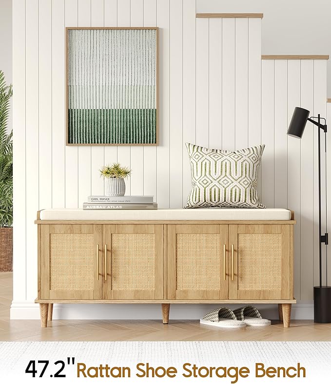 Rattan Shoe Storage Bench with Cushion, 2-Tier Entryway Bench with Adjustable Shelves and 4 Doors, 15" D x 47.2" W x 20" H, Solid Wood Legs, for Hallway, Living Room, Bedroom, Natural Oak