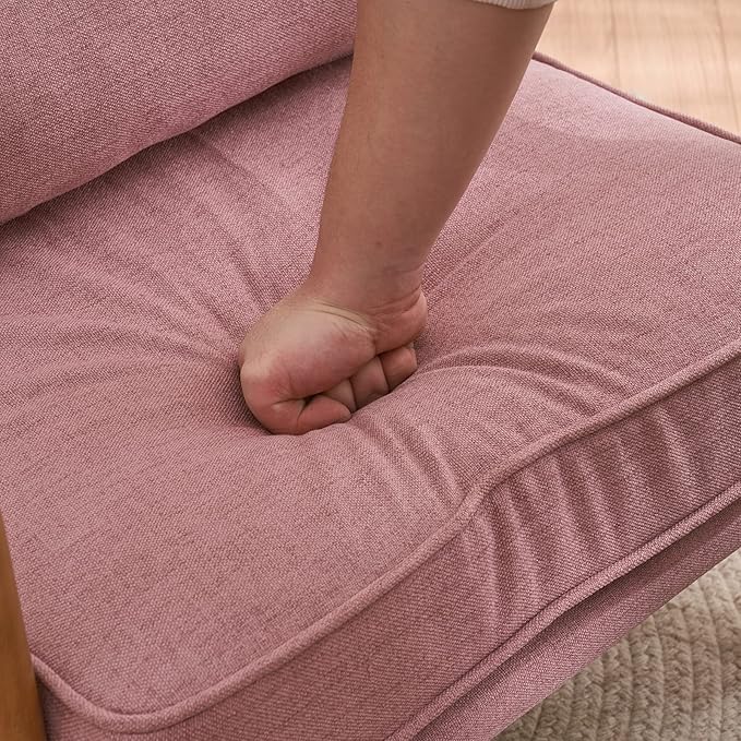 Bonnlo Linen Pink Mid Century Modern Accent Chair, Soild Wood Padding Lounge Armchairs Side Sitting Chairs for Living Room, Bedroom, Guest Room