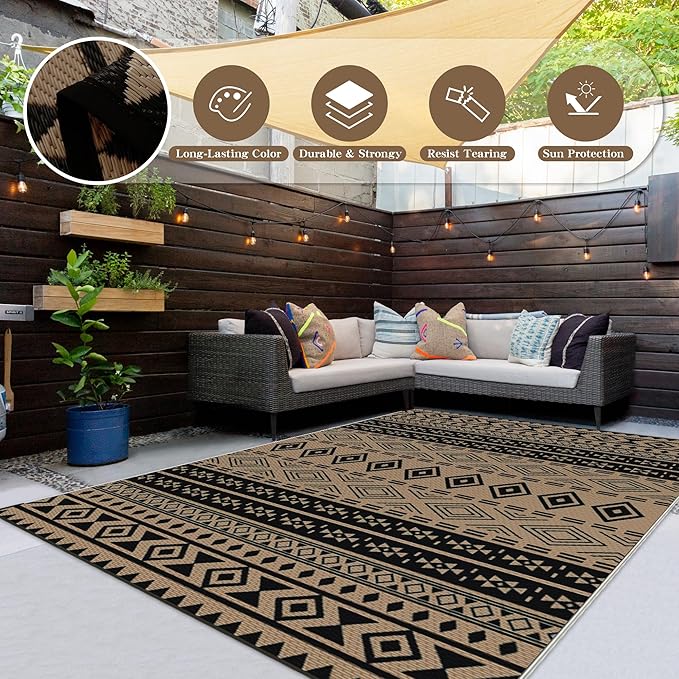 Wallona Outdoor Rugs 9x12 ft Patio Waterproof Clearance Indoor Outdoor Large Carpet for Patio Plastic Straw Reversible Area Rugs Mat for RV, Camping, Balcony, Beach, Picnic, Porch, Boho Black & Brown
