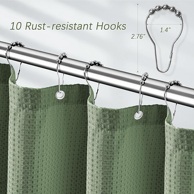 60 inch Waffle Shower Curtain - Heavy Duty Thick Fabric Green Shower Curtains for Bathroom, Weighted Hotel Spa Luxury Water Repellent Cloth Bath Curtain with 10 Hooks, 60Wx72H Sage Green