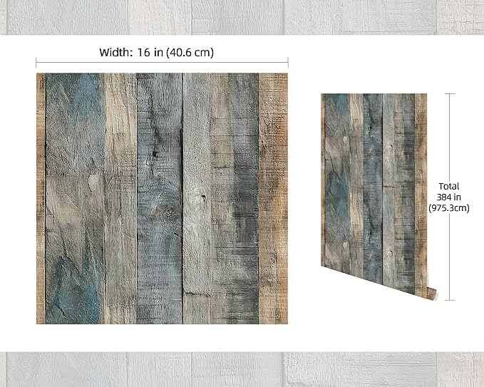 FLFK 16" x 384" Wallpaper Peel and Stick Blue-Gray Wood Contact Paper