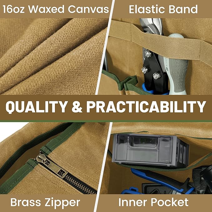 Canvas Tool Bag, 16OZ Waxed Canvas Tool Tote Bag with Metal Zipper & 12-Pocket Design, Multi-Purpose Garden Tool Storage Tote for Electrician Gardener Plumber | Khaki | 14.5"L x 7.5"W x 10"H
