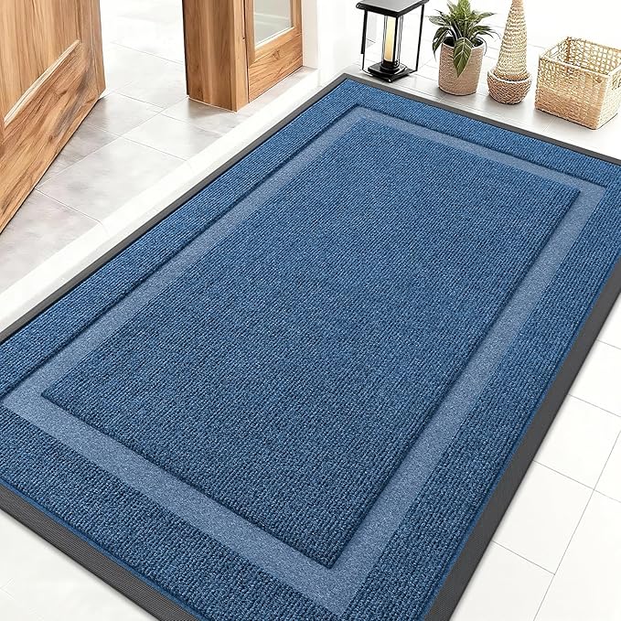 OLANLY Front Door Mat Indoor Outdoor Entrance, Waterproof All-Season, All-Weather Doormat, Sturdy Natural Rubber, Fade Resistant, Low Profile, Easy Clean Patio Porch Entryway Mat, 47x30, Light Blue