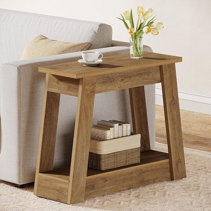 Tribesigns Wood End Table, Small Side Table with 2 Storage Shelves, Rustic Accent Narrow Nightstand for Living Room, Bedroom (1, Light Brown)