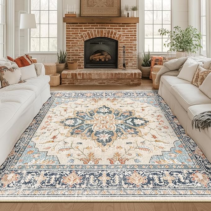 Area Rugs Square 8ft Washable Non-Slip, Floral Vintage Distress Print Pattern Medallion Carpet for Living Room Bedroom Dining Room, Beige Navy Blue Orange Colorful