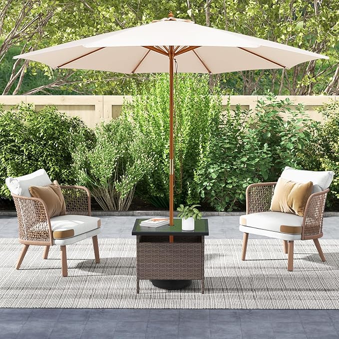Giantex Umbrella Table, Outdoor Side Table with 2" Umbrella Hole, Rattan Umbrella Stand Holder, Heavy Duty Metal Frame, Patio Bistro Table for Deck Garden Poolside, Mix Brown (HDPE Tabletop)