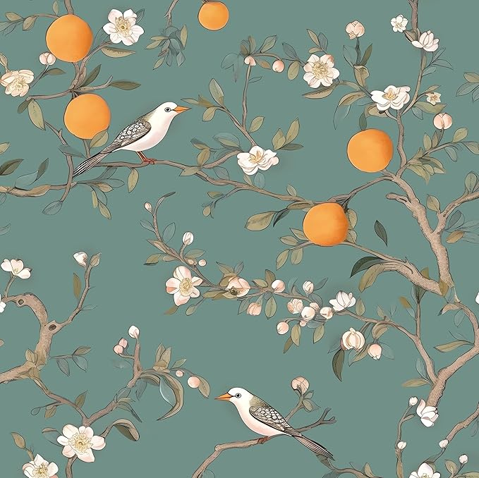 Green Floral Wallpaper Peel and Stick, Birds Contact Paper Orange Fruits