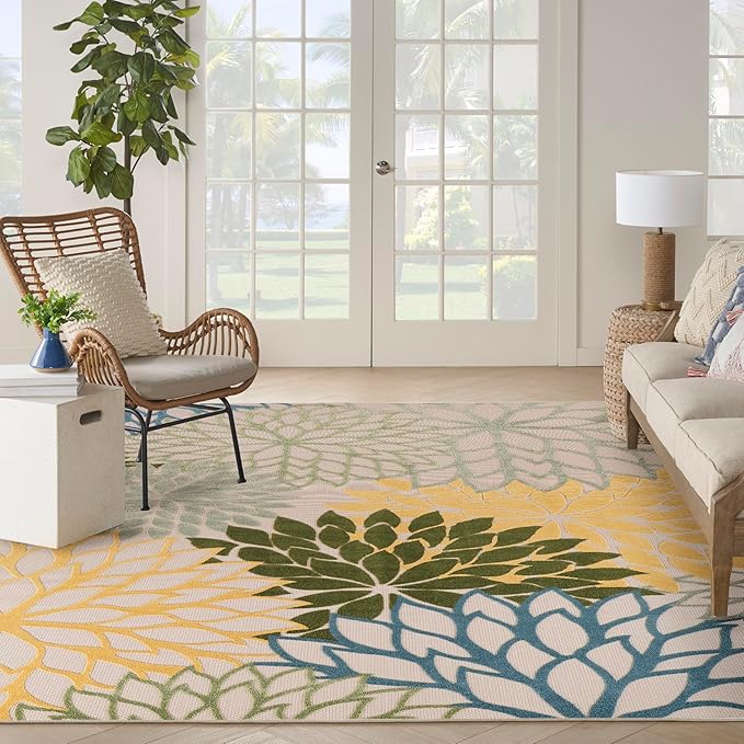 Nourison Home Aloha Indoor-Outdoor Green Multicolor 10' x 14' Area Rug, Easy Cleaning, Non Shedding, Bed Room, Living Room, Dining Room, Backyard, Patio, Deck (10x14)